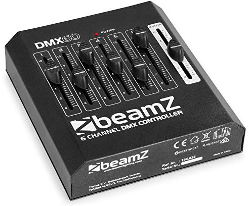 beamz DMX60 DJ Disco Lighting Controller 6-Channel XLR DMX Console for Stage, Party & Event Lighting Control Compact DMX Mixer with Individual Channel Faders & 9V Adaptor Included