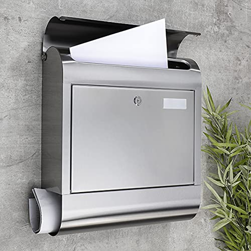 Robuster Massivstahl-Briefkasten, massiv MIT EXTRA ROSTSCHUTZLACKIERUNG mit Zeitungsrolle Zeitungsfach Nostalgie Stahl ca. 41 cm x 37 cm + 10 cm, in klassischem edelstahl