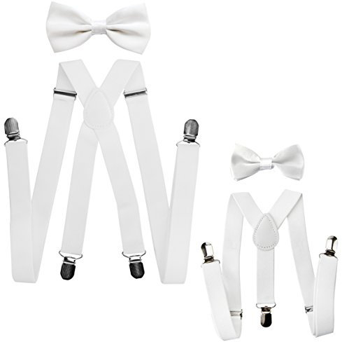 axy® Vater-Sohn Partnerlook Hosenträger mit Fliege Set für Herren-Damen-Kinder (Weiss (Herren 2,5cm + Kinder Hosenträger Breit 2,5cm))