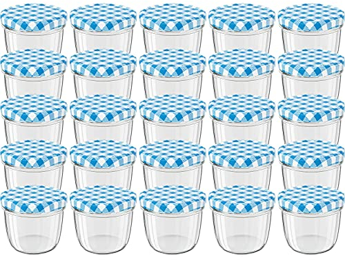 WELLGRO 25x Einmachgläser mit Schraubdeckel - 230 ml, 8,5 x 6,5 cm (ØxH), Glas/Metall, blau karierte Deckel To 82, Gläser Made in Germany, verschiedene Mengen wählbar, Stückzahl:25 Stück