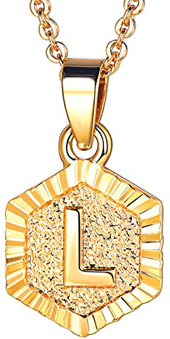 FOCALOOK Schmuck Damen Collier Buchstabe L Anhänger 18k vergoldet mit 55cm Rolokette Anfangsbuchstabe Hexagon Tag trendig Halskette für Frauen Mädchen