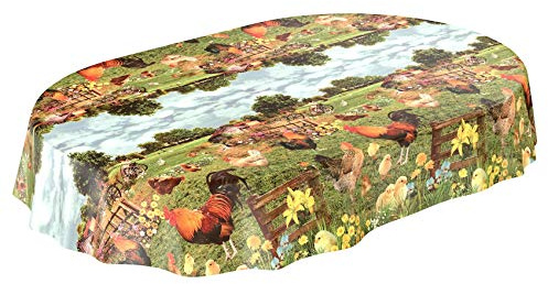ANRO Wachstuchtischdecke Wachstuch Wachstischdecke Tischdecke Land Dorf Hof Bauernhof Oval abwaschbar wasserabweisend Gartentischdecke Meterware pflegeleicht Lotuseffekt 140 x 220cm