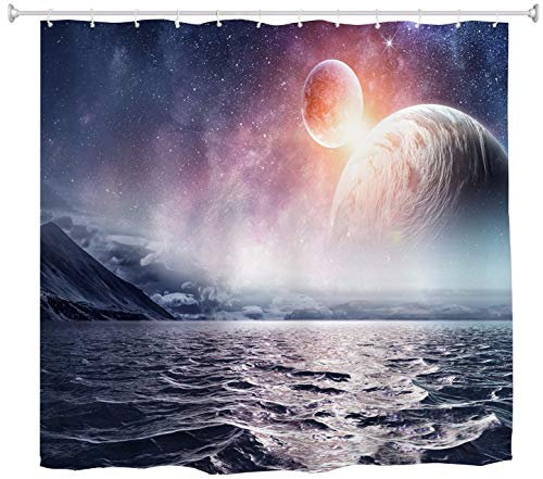 A.Monamour Duschvorhänge Ozean Abendhimmel Runde Mond Galaxie Universum Raum Abstrakte Kunst Bild Gedruckt Wasserdicht Mehltau Beständig Polyester Stoff Duschvorhang Für Badezimmer Zubehör 180X200 cm