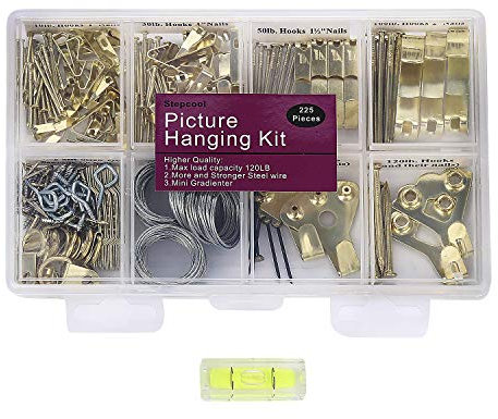 Kit per appendere quadri, 225 ganci resistenti per cornici con chiodi, filo per appendere, occhielli a vite, anello a D e dente di sega per montaggio a parete