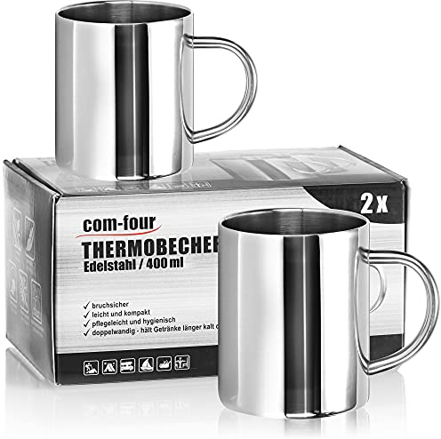 COM-FOUR® 2 tazze termiche in acciaio inossidabile - 400 ml per tazza - tazza isolante a doppia parete - tazza da caffè infrangibile - tazza termica - tazza da campeggio - tazza - senza BPA