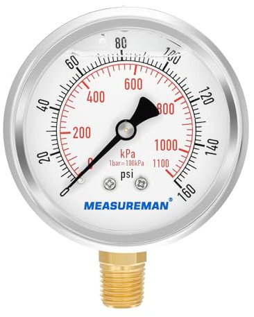 MEASUREMAN 2-1/2inch Dial Size, Oil Filled Pressure Gauge, 0-160psi/kpa, 304 Stainless Steel Case, 1/4inchNPT Lower Mount