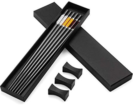 3 pares de palillos japoneses de alta calidad, de aleación, color negro + 3 palillos chopsticks palillos de acero inoxidable con soporte, set de regalo de palillos chinos
