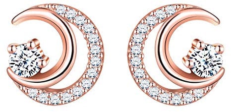 MICSAVI Star Moon Stud Earrings with Cubic Zirconia 925 Sterling Silver Star Moon Ear Piercing Studs for Women Girls, Rose Gold