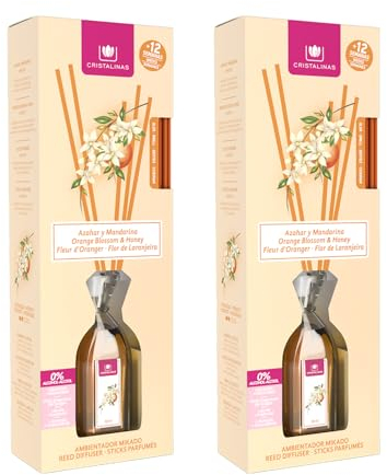 CRISTALINAS | Pack 2 Ambientador Mikado | Larga Duración 12 Semanas | 2x90ml | 0% Alcohol (Azahar y Mandarina, 90ml)