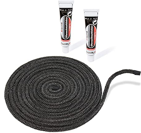 LANZZAS Kamin- & Ofendichtschnur - Ø 6 mm, Länge: 3 m - Glasband für Kamintüren - hitzebeständig bis 550°C - mit feuerfestem Montagekleber