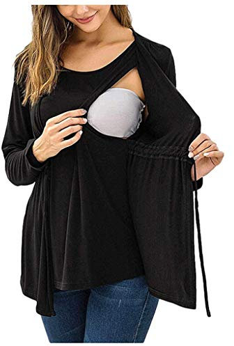 Chaconka T-Shirt Maternité Allaitement Manche Longue Femme Enceinte Haut Grossesse Double Couche Allaitement Maternel Chemise Col Rond Pyjama de Maternité Allaitement