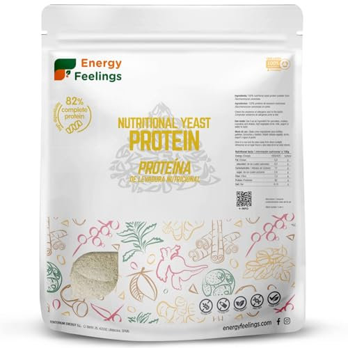 Energy Feelings Proteine in Polvere Vegane di Lievito Nutrizionale 1kg, Proteine Vegetali in Polvere Senza Lattosio e Glutine 82%, Per l’Aumento della Massa Muscolare, Gusto Neutro Senza Aroma