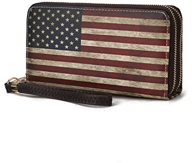 MKF Collection USA Wristlet Geldbörse für Damen, amerikanische Flagge, veganes Leder, doppelter Reißverschluss, mehrere Taschen, kleine patriotische Geldbörse, Uriel Chocolate, Small