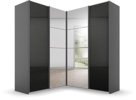 Rauch Möbel Quadra Schrank Eckschrank Schwebetürenschrank, Grau metallic/Hochglanz Effektgrau, Schwarz, 4-trg. mit Spiegel, inkl. 2 Kleiderstangen, 12 Einlegeböden, BxHxT 181x210x187 cm