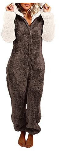 Damen Jumpsuit Teddy Fleece Einteiler Schlafoverall Pyjama Overall Flauschig Onesie Warm Strampelanzug Nachtwäsche Loungewear Jumpsuit, Onesie Hoodie Einteiler Schlafanzug, Warm Plusch (2-Brown, M)