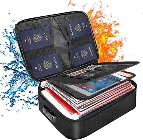Tamfile Feuerfeste Dokumentenbox, 36x27x10,5cm Feuerfester Dokumententasche mit Großem Fassungsvermögen und Schloss, Wasserdicht Aktenaufbewahrungsbox für Pässe, Zertifikate und Wertsachen, Schwarz