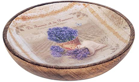 SIGNES GRIMALT Plateau rond et Assiette de service en bois de Manguier : Thème Lavande de Provence. Diamètre 16 cm.