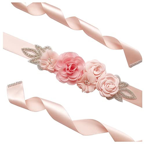 SHTGOI Cinturón de mujer con perlas de estrás para novia, con flores, cinta de raso, para bodas, para dama de honor, faja, rosa, vestido de novia, accesorio para vestido, 270 cm, rosa claro