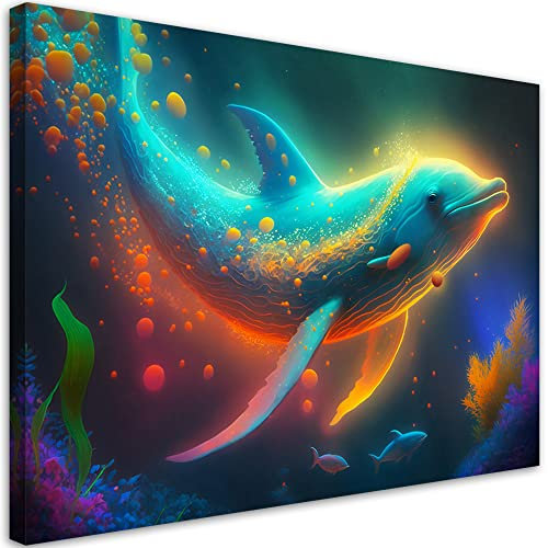 Feeby Bilder Delfin Neon Meer 120x80 cm 1 tlg Modern Leinwandbilder Bild auf Leinwand Kunstdruck Wand Bild Wanddeko Design Schlafzimmer Büro Flur Hotel Spa Wohnzimmer Natur Tier Wasser mehrfarbig