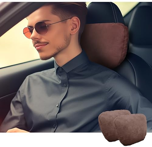 POKSRI nackenkissen Auto,kopfstütze Auto nackenstütze,Superfiber Wildleder Unterstützung Kissen,Pflanzenbasiertes Polyester,30x19cm Nachfüllbar&Verstellbar Fahrzeug(Heller Kaffee,Nackenkissen 2ps)