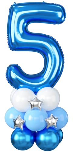 Blau Zahl 5 Ballon, 40 Zoll Nummer 5 Folienballon, Riesenzahl Fünf Luftballons Turm Stand mit Stern, Großer Big Helium Digital Balloons Stack für Jungen Mädchen 5 Geburtstag Jubiläum Party Dekoration