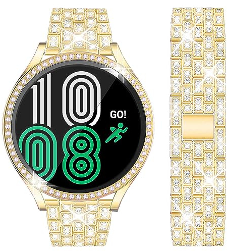 DEALELE Armband und Gehäuse Gehärtetem Glas Kompatibel mit Samsung Galaxy Watch FE / 5/4 40mm, 20mm Glitzer Diamant Metall Armbänder mit Schutzhülle mit Displayschutz für Damen Herren (Gold)