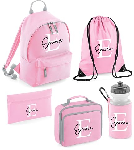 Chicken Craft Personalised Kids Back To School Kit with Custom Name & Initial - Pink Backpack, Lunch Bag, PE Bag, Pencil Case & Water Bottle - Ideal for Girls Starting Nursery or School