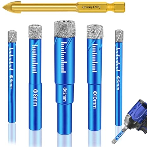 6 Piece Dry Diamond Drill Bits 5, 6, 8, 10, 12 mm Carbide Bits 6 mm for Porcelain Tiles Glass Ceramics Granite Marble Hard Diamond Tipped Drill Bit
