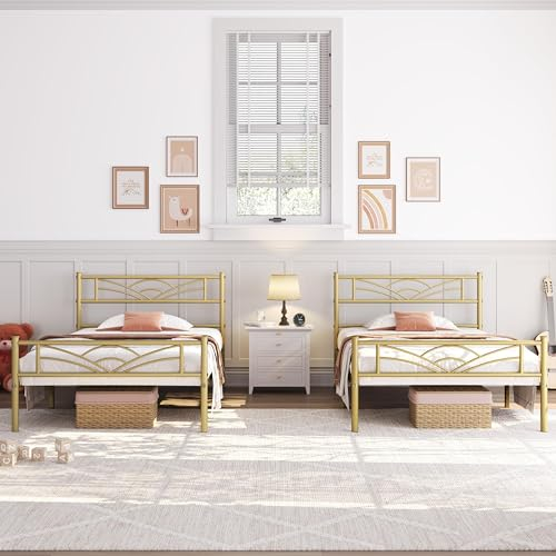 Yaheetech 2er-Set Metallbett Bettrahmen Bettgestell mit Lattenrost Einzelbett Singlebett Gästebett 90 x 200 cm/Antikgold