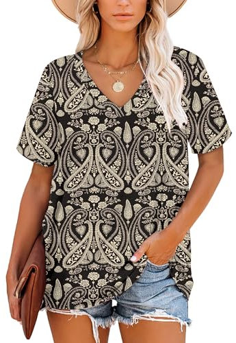 NARRAME Tops para Mujer Camisetas Verano túnica Manga Corta Tops Cuello Pico para Mujer Paisley Floral Boho Negro Small S 34-36