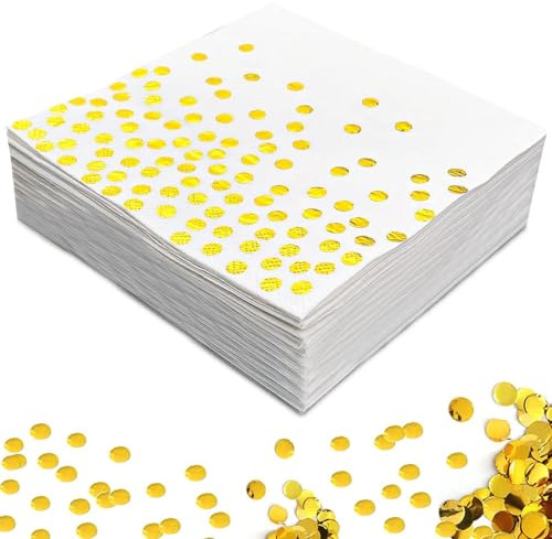 Servietten Gold Dots, 60 Stücke Golden Foiled Papierservietten, 2-lagig Weiße Serviette mit Goldenen Punkten, Paper Napkins für Deko Party,Geburtstag, Hochzeit und Feiertagsfeier 33 x 33 cm