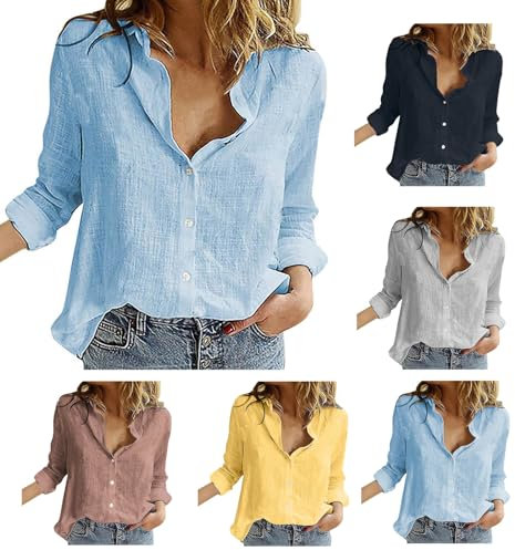 Chemise Femme D'éTé Haut Chic Et ÉLéGant Coton Lin T-Shirt Manche Courte Col en V Chemisier Tunique Tops avec Boutons DéContractéS Ample Couleur Unie Blouse