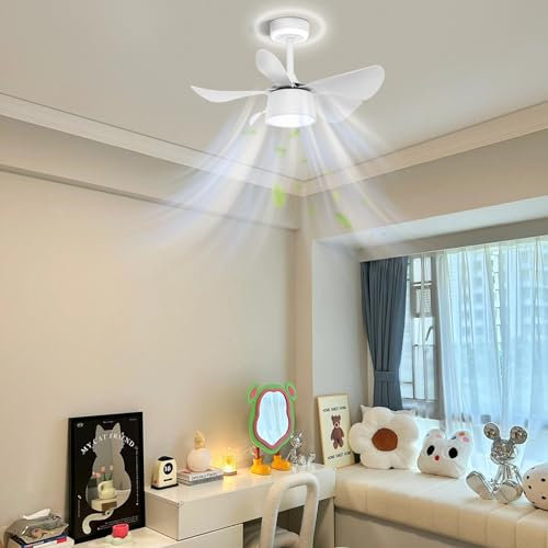 HUOLE Ventilateur de Plafond avec Lumière, 25 W Ventilateurs de Plafond avec Lampe Intégrée et Réversible DC Moteur,Plafonnier Silencieux avec Moteur DC et Ventilateur Réversible-5 Pales-blanches
