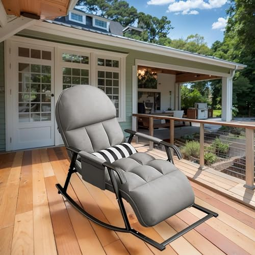 Schaukelstuhl Outdoor Gartenstuhl Schaukelsessel Gartensessel Schwingsessel,5-stufig Verstellbare Rückenlehne & Fußstütze,Relaxstuhl Relaxsessel für Garten Terrasse Balkon Wohnzimmer (Grau)