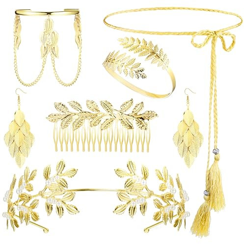 LOLIAS Griechische Göttin Kostüm Schmuck Set Hochzeit Brautschmuck Gold Oberarmreif Ohrringe Lorbeerkranz Haarspange Karneval Aphrodite Kostüm Goldene Hochzeit Boho Blatt Haar Krone Accessories Damen