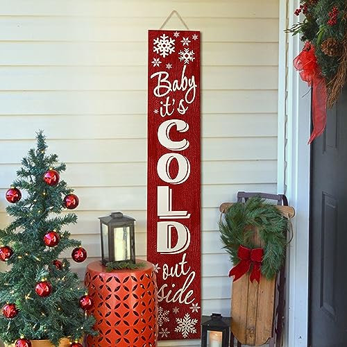Weihnachts-Willkommensschild für Veranda, Schneeflocke, rotes Holz, vertikales Willkommensschild für Winter, Baby, It's Cold Outdoor, Hof, stehend, für Terrasse, Haustür, Veranda, Wand, Hof,