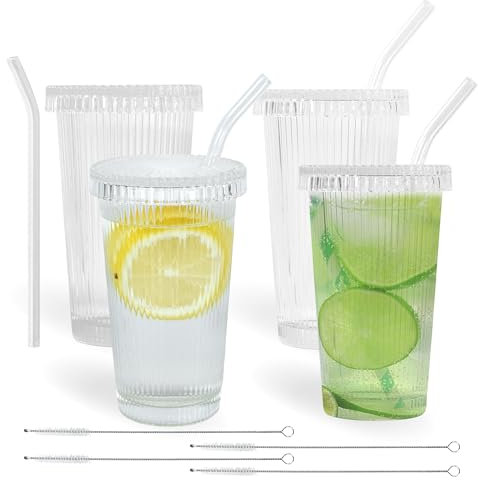 AGH life 4PCS 375ML Ribbed Glass Cups with Lids and Straws, Iced Coffee Cup Set, Clear Drinking Glasses, Glass Water Tumber for Coffee, Milk, Yoghurt, Juice, Soda