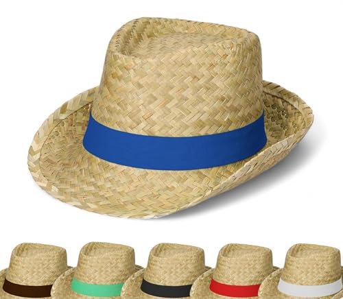 Sommerhut 'Kuba' Unisex - Sonnenhut für Damen & Herren im Trilby-Design - Panama Hut aus Seegras mit stylischem Klettverschlussband - Kopfbedeckung für Garten, Strand & Urlaub, Farbe:natur/blau