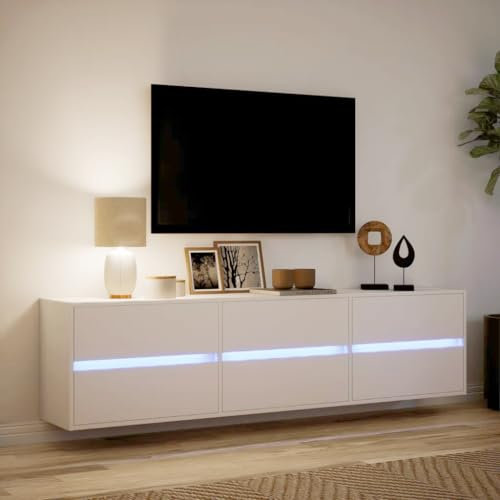 Canditree 180 cm Floating TV Cabinet with LED Lights, Floating TV Stand with 6 Drawers, Wall Mounted Entertainment Center (White)