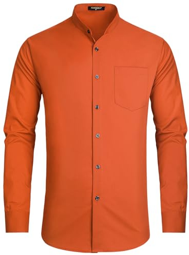 HISDERN Shirts for Men Long Sleeve Collarless Mens Casual Shirts Orange Shirt with Pocket for Halloween Party 4XL