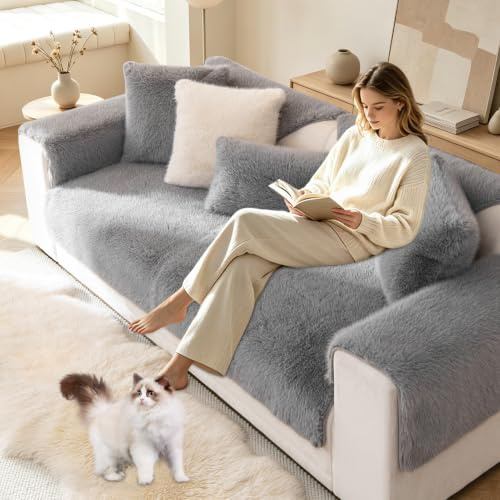 BXFUL Nerzplüsch Sofabezug, rutschfeste Sofa überzug 1 2 3 4 Sitzer Couch überzug für Sektionssofa, Flauschiger Kunstpelz Sofa Sitzkissenbezug L Form Möbelschutz (90 * 160cm/1PC,Grau)