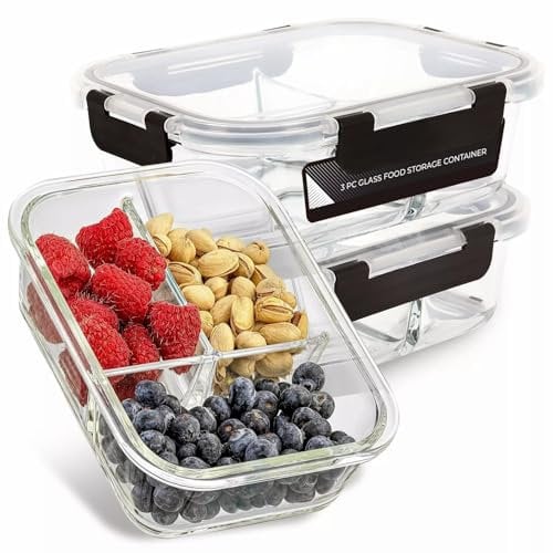 Vivo Technologies Lot de 3 récipients en verre avec couvercles pour préparation des repas avec 3 compartiments, couvercles hermétiques faciles à clipser, passent au micro-ondes, au lave-vaisselle et