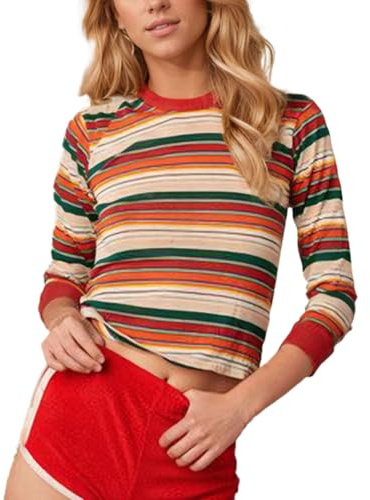 EMOTTOS Donna Rainbow Maglietta a Righe, Y2K T-Shirt Colorblock Slim Fit con Manica 3/4, Aderente Top di Patchwork a Righe con Collo Rotondo Maglietta per Uscire in Discoteca, S-L