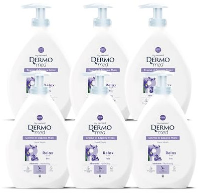 Dermomed Sapone Liquido Mani Relax all’Iris con Acido Ialuronico e Glicerina, Idratante e Emolliente per Pelli Delicate, Profumo Sublime e Cipriato, pH Neutro, Dermatologicamente Testato, 600 ml x 6