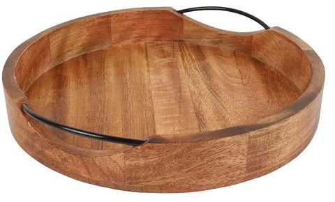 ARTISENIA Round Wooden Serving Tray with Iron Handles | Decorative Kitchen & Dining Table Decorative Ottoman Tray for Living Room, Coffee Table, Breakfast in Bed - 10x10 Inches