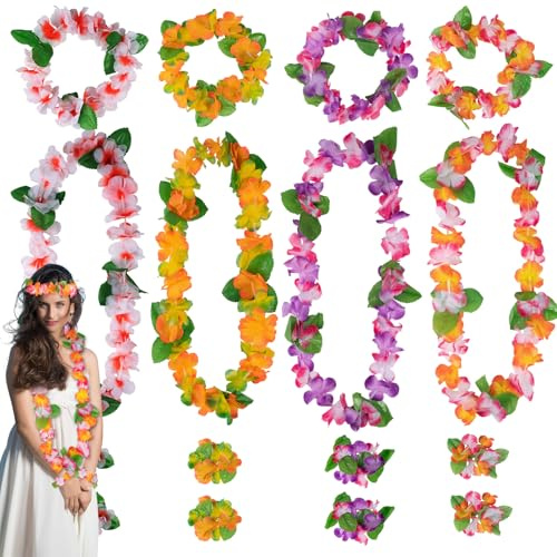 16 Stück Hawaii Kette Blumen Deko Set, Hawaiianische Deko Girlanden - 8 Armbänder, 4 Haarbänder, 4 Halsketten – Perfekt für Hawaiianische Hochzeit, Strandparty, Mottoparty & Junggesellinnenabschied