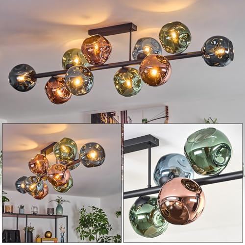 HOFSTEIN Deckenleuchte Ripoll, 10-flammige Deckenlampe aus Metall/Glas in Schwarz/Blau/Grün/Kupfer, Leuchte im Retro/Vintage-Design (Schirme Ø 15 cm), E14, Esszimmer, Wohnzimmer, Schlafzimmer, Küche