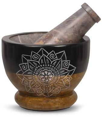 Divit Shilp Mortero y pilón, hecho de piedra dura pulida resistente, molinillo de piedra natural para especias, pastas, hierbas, condimentos, etc. (Mandala)