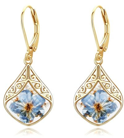 URONE Vergissmeinnicht Blumen Ohrringe Sterling Silber Blaue Blume Baumelnde Tropfen Ohrringe Filigraner Schmuck für Frauen(Golden Blumen)
