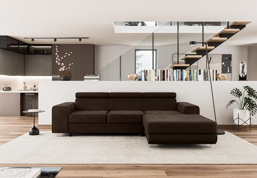 COMFORTINO FURNITURE Ecksofa mit Schlaffunktion NOTA L-Form, Sofa Couch mit Bettkasten, Eckcouch, Schlafsofa für Wohnzimmer, Big Sofa Couch mit Schlaffunktion (Braun, Ottomane Rechts)